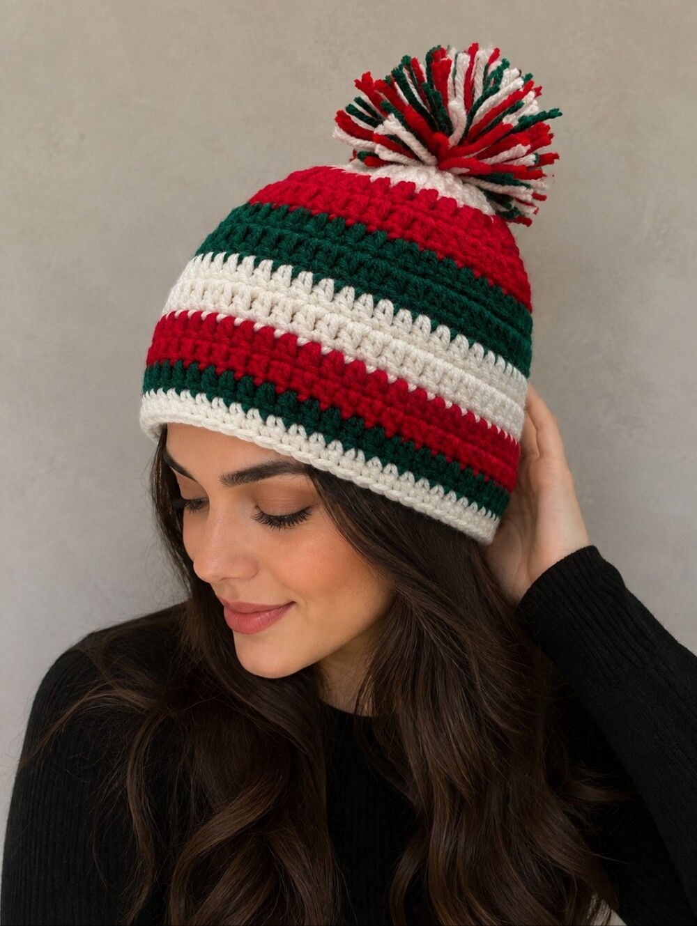 Cozy Striped Crochet Icehat - Green, Red & Cream